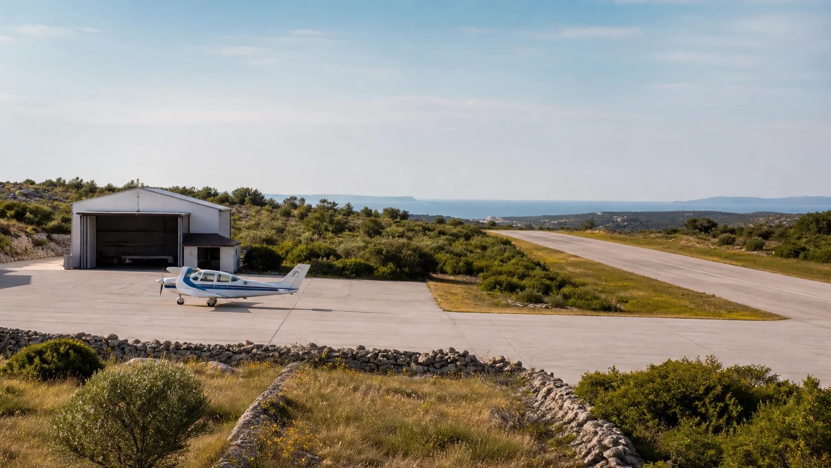 Ein Leichtflugzeug steht vor einem Hangar an einem kleinen Flugplatz in der istrischen Karstlandschaft