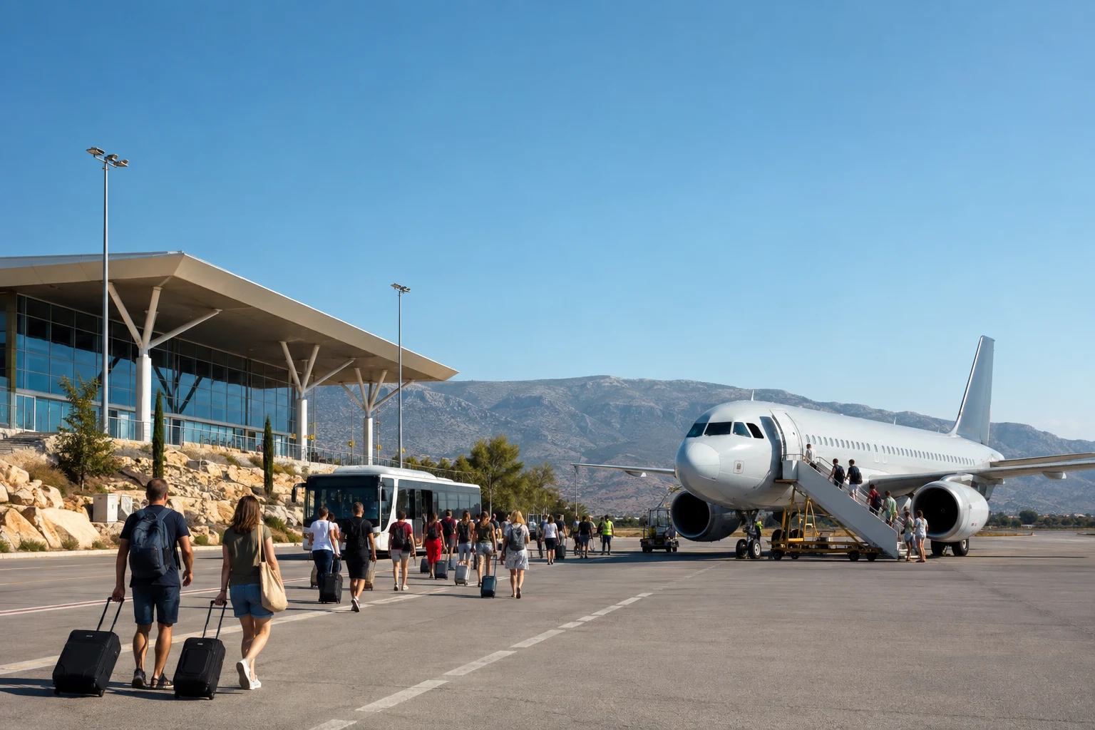 Reisende gehen auf dem Vorfeld eines symbolisch dargestellten Adriatischen Regionalflughafens zu einem Flugzeug