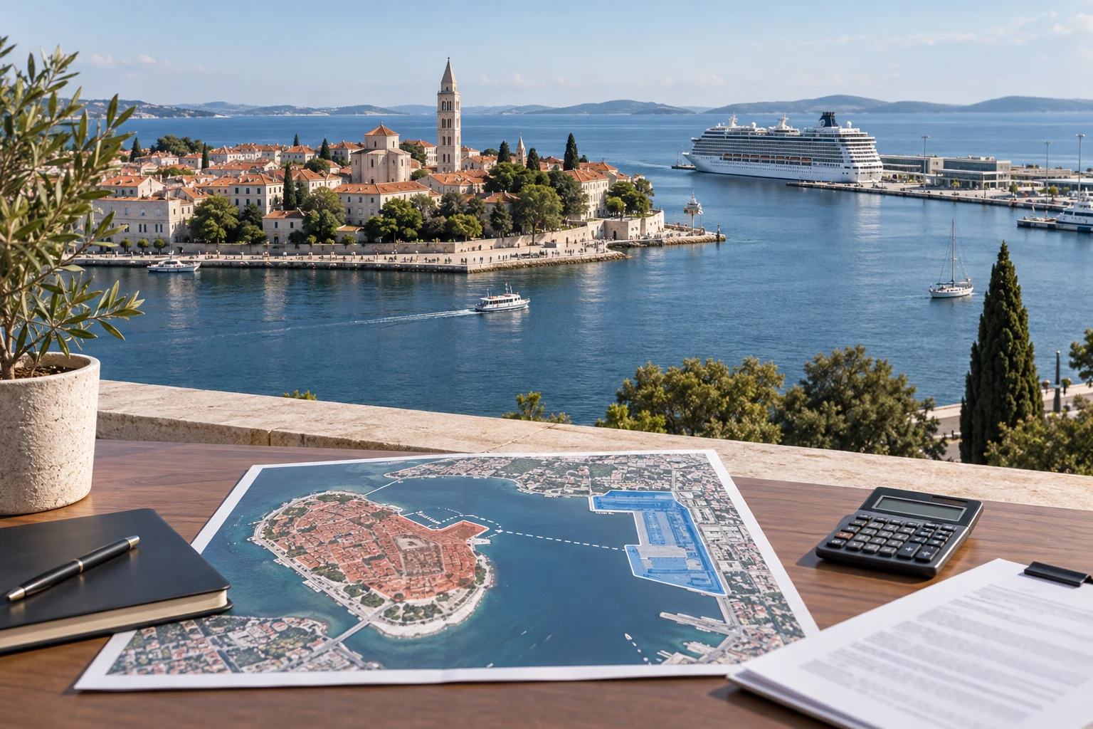 Blick auf Zadar mit Kreuzfahrtschiff, Hafenkarte und Taschenrechner im Vordergrund