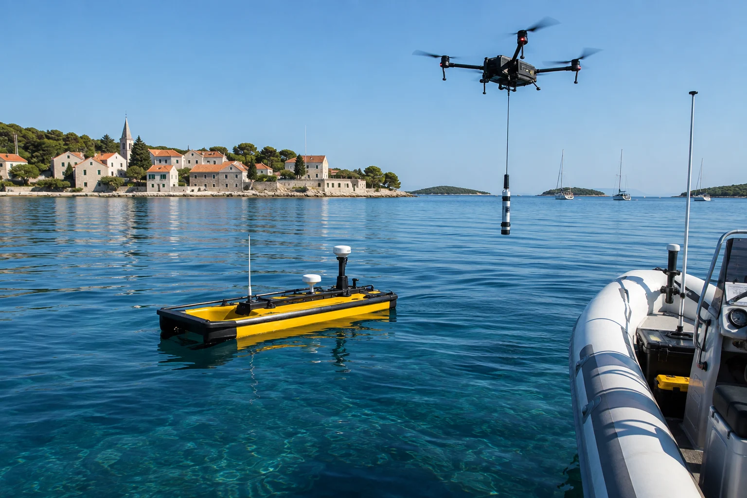 Ein autonomes Forschungsboot und eine Drohne arbeiten in einer symbolisch dargestellten Adriabucht