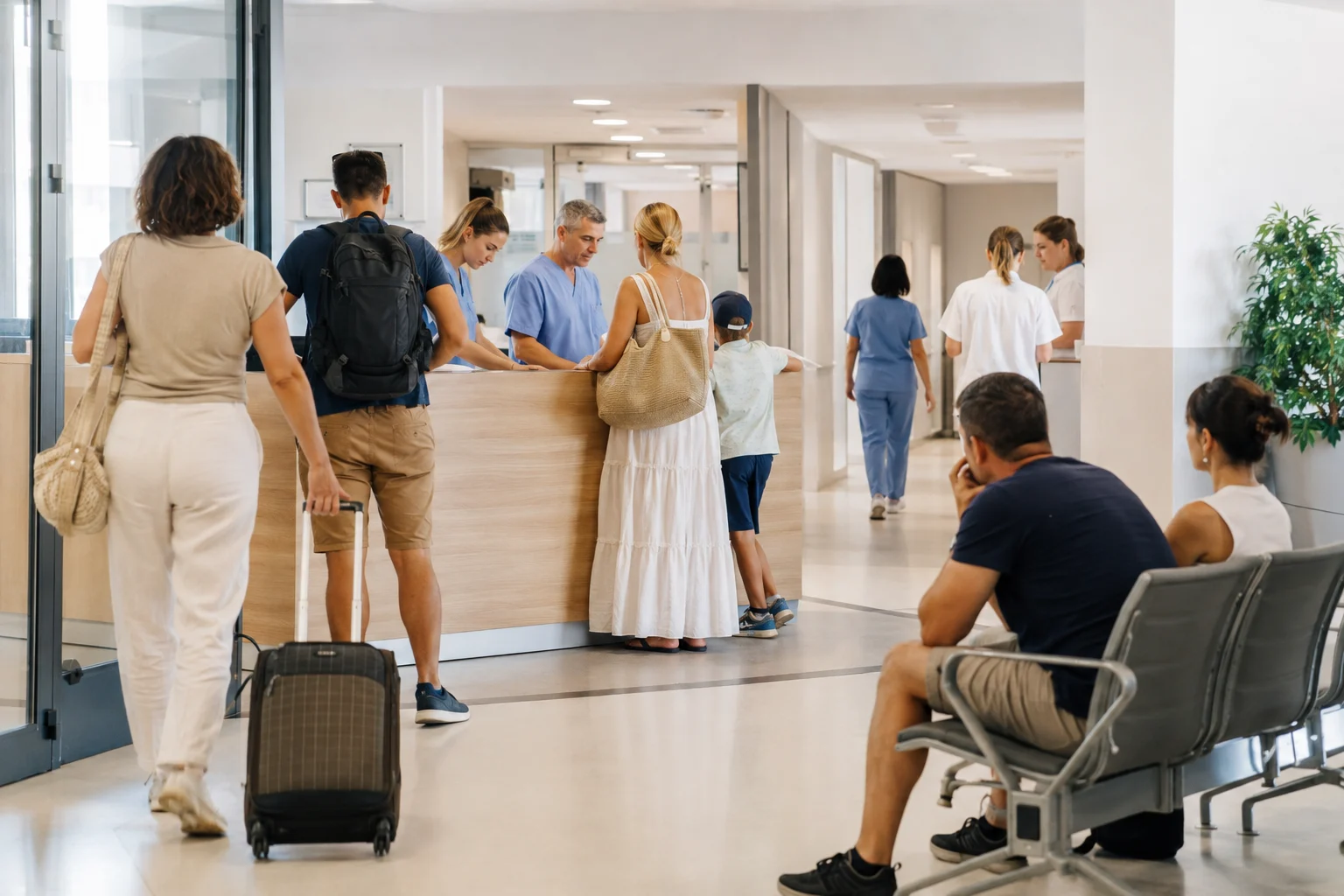 Eine sommerlich stark besuchte, aber geordnet arbeitende Krankenhausaufnahme in symbolischer Darstellung