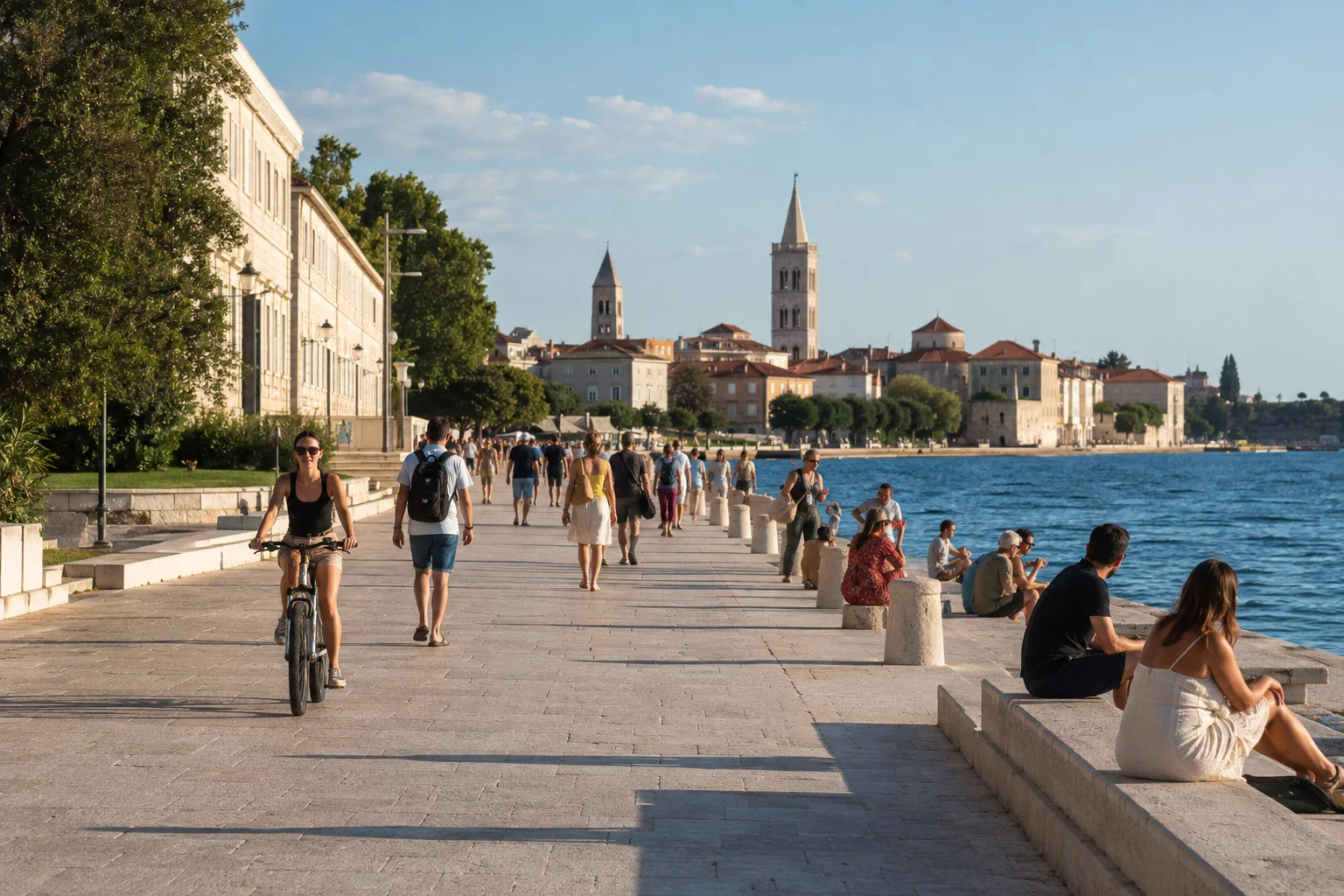 Menschen spazieren und radeln an der Uferpromenade einer dalmatinischen Stadt
