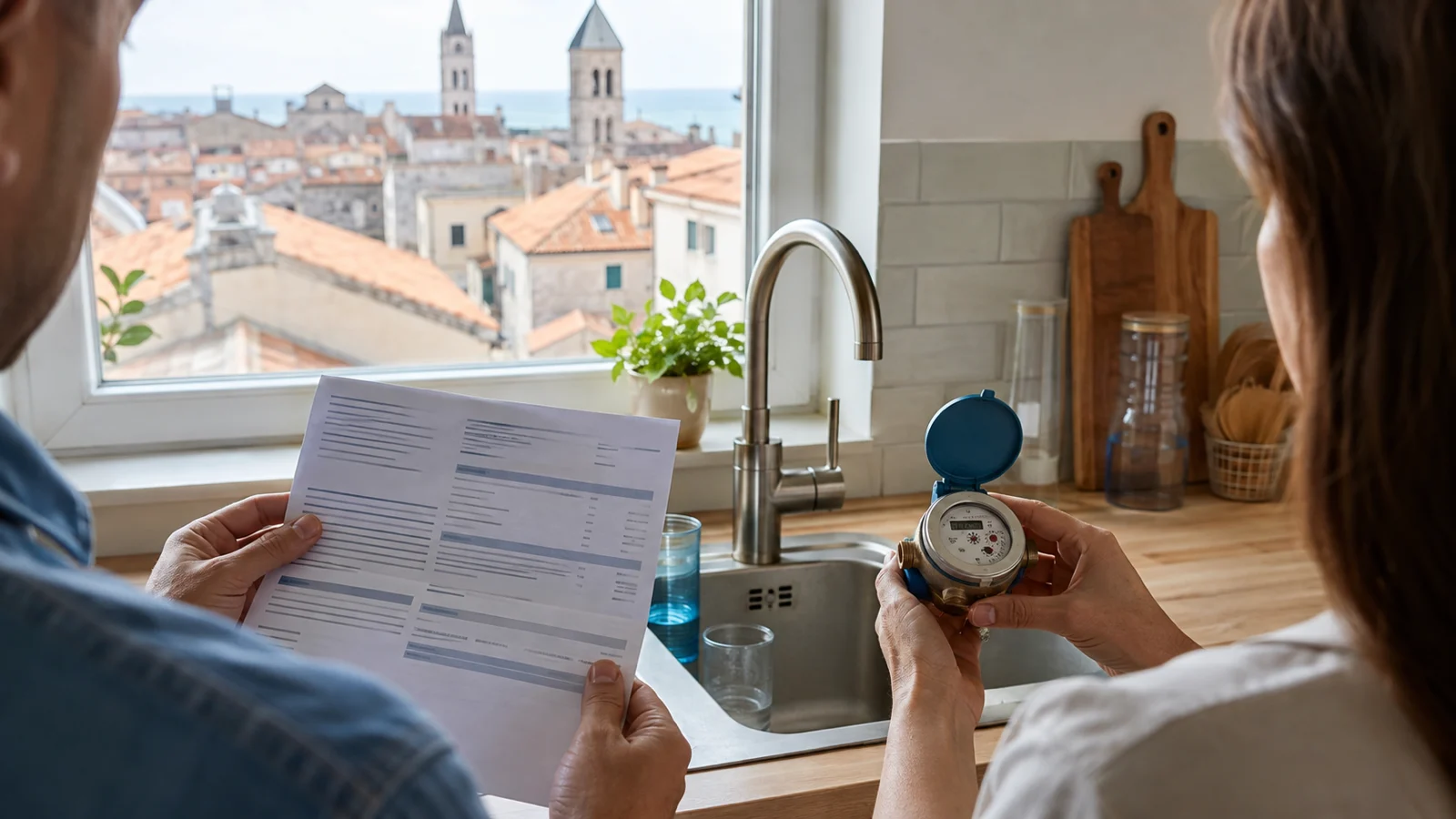 Zwei Personen prüfen in einer Wohnung in Zadar eine Wasserrechnung und einen Wasserzähler