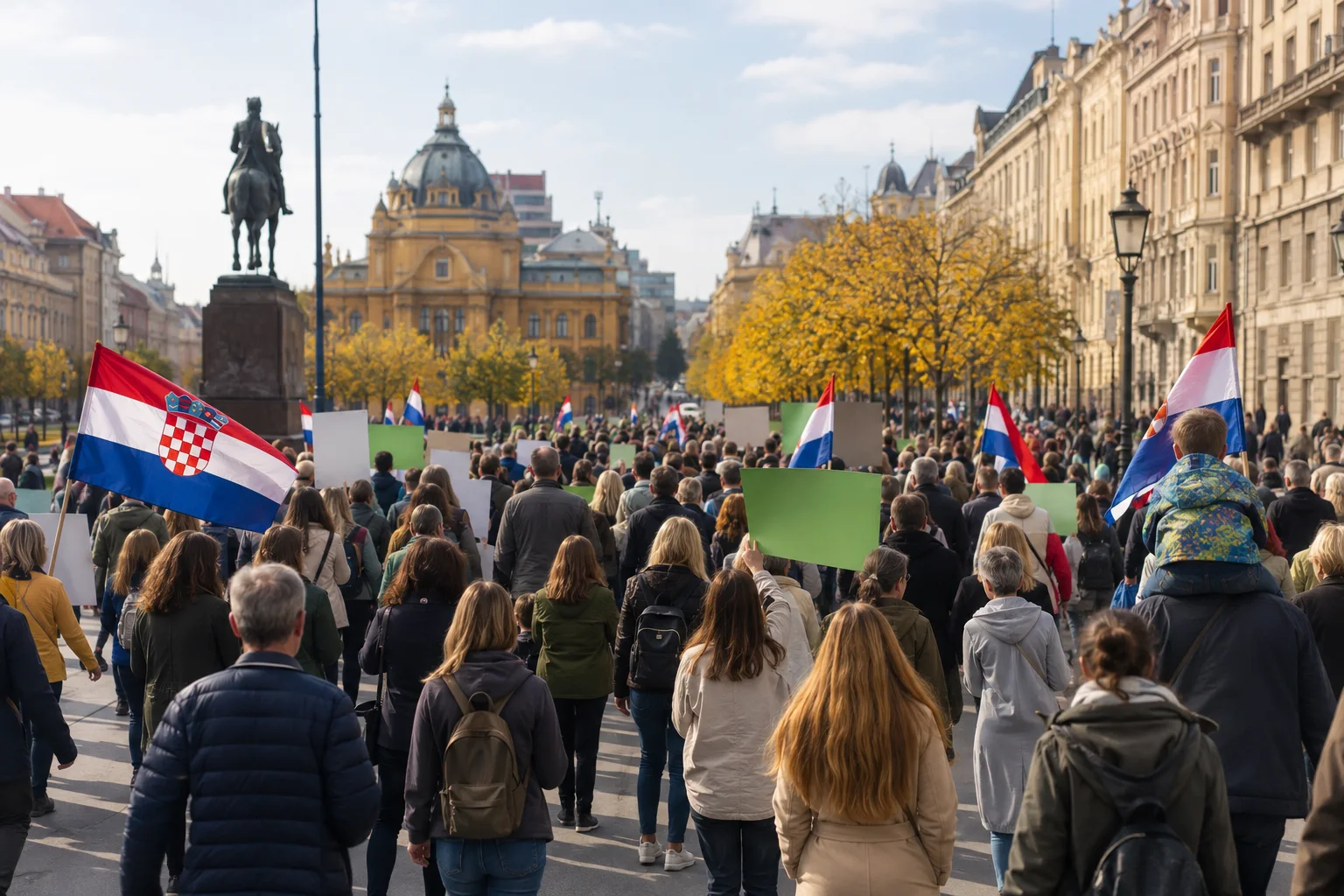 Eine friedliche Umweltkundgebung zieht mit kroatischen Fahnen durch das Zentrum Zagrebs