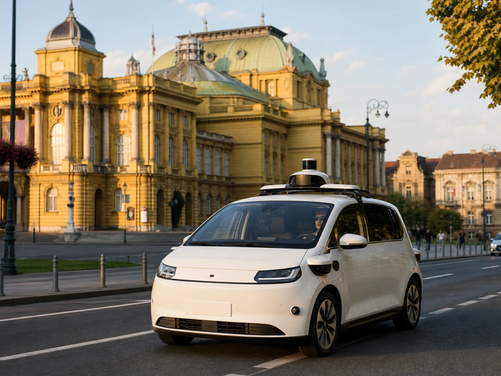 Redaktionelle Illustration eines weißen autonomen Taxis mit Dachsensoren vor dem Kroatischen Nationaltheater in Zagreb