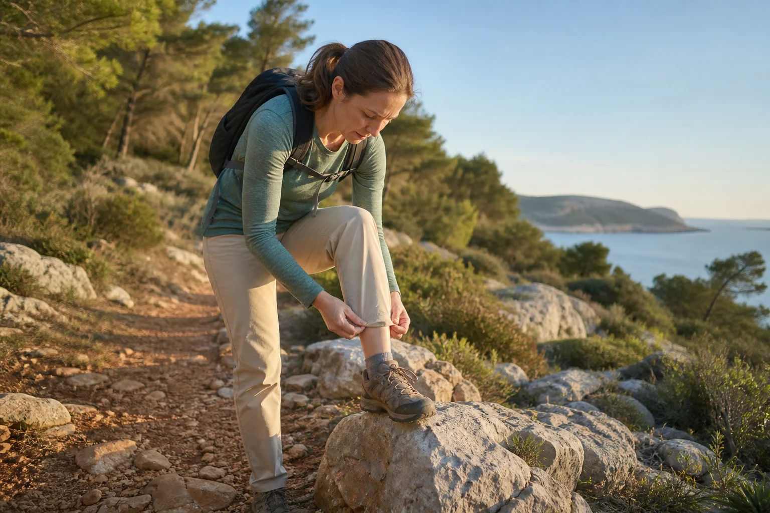 Wanderin prüft nach einem kroatischen Küstenweg ihre helle lange Kleidung auf Zecken