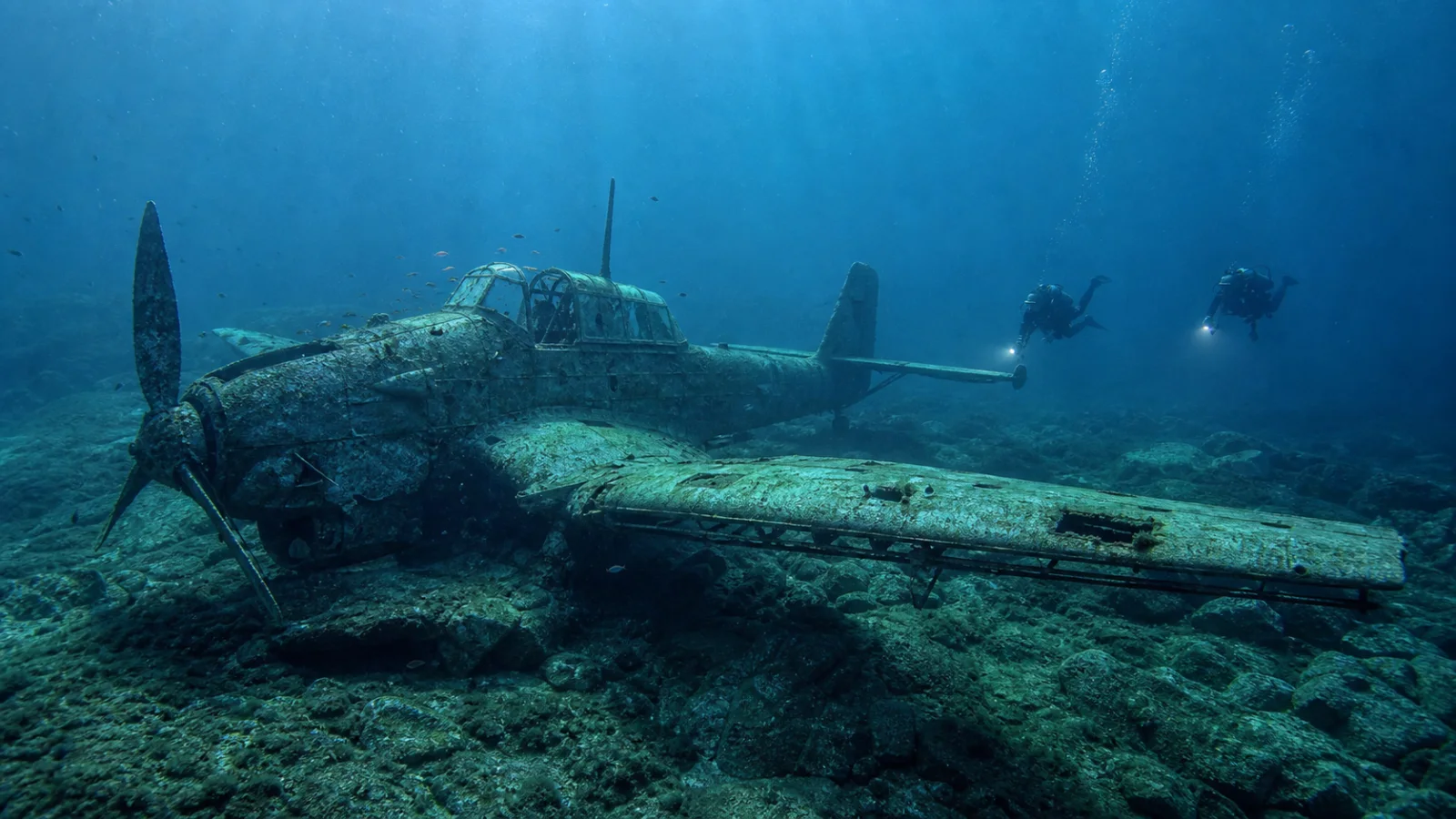 Zwei Taucher beobachten mit Abstand ein historisches Flugzeugwrack auf dem Adriagrund