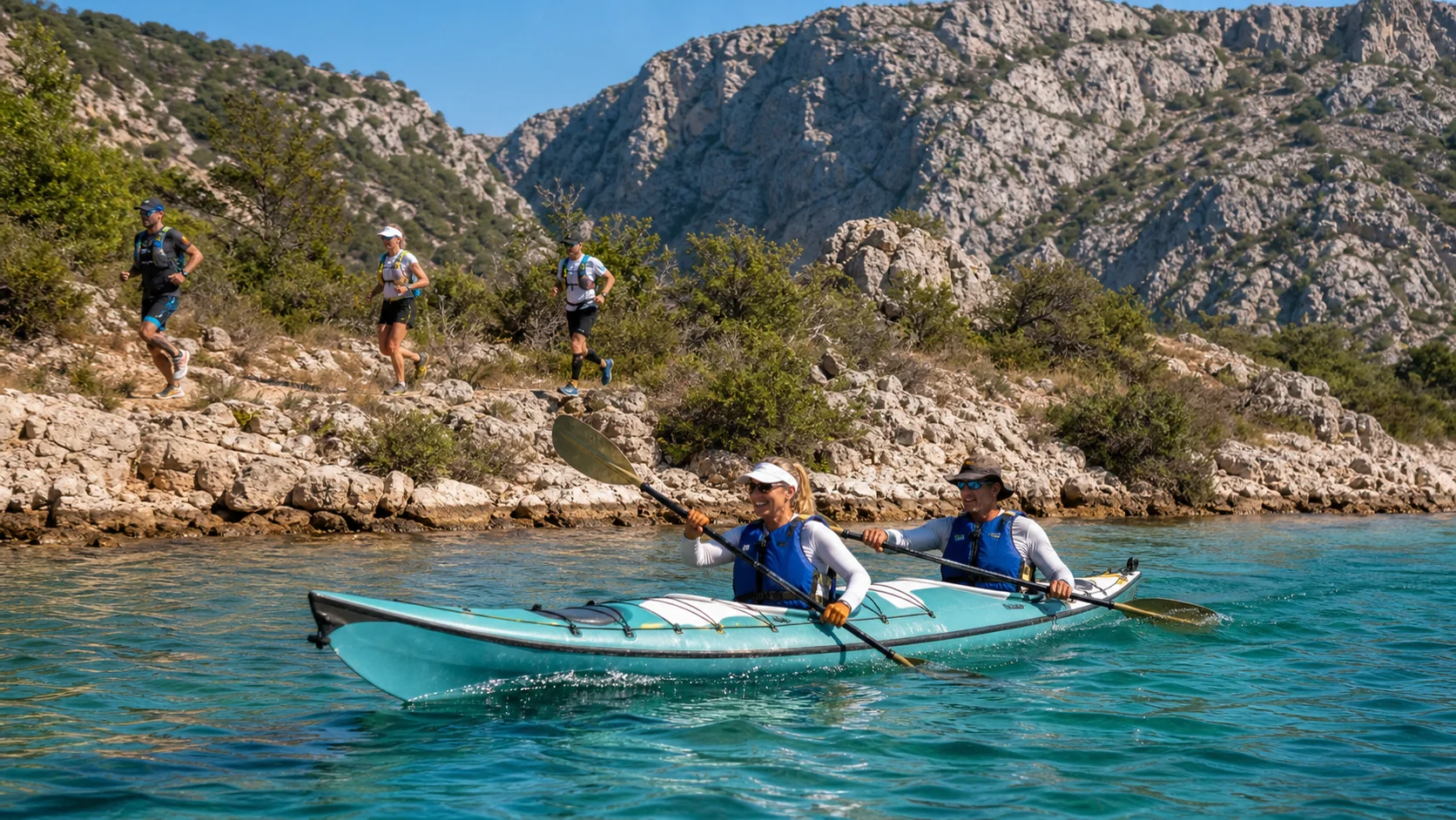 Kajakteam und Trailrunner bei einer Multisportveranstaltung in dalmatinischer Karstlandschaft
